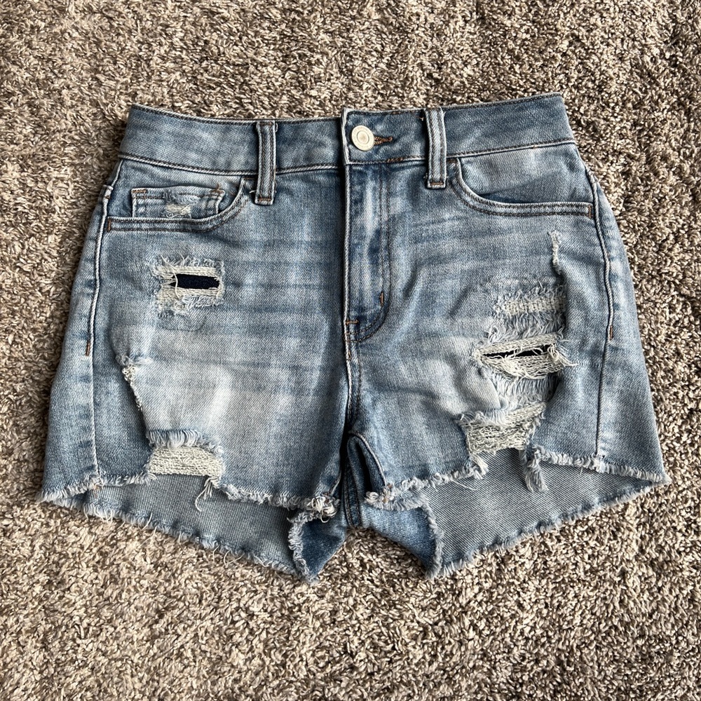 SO High Rise Medium Wash Distressed Denim Cut Off Shorts